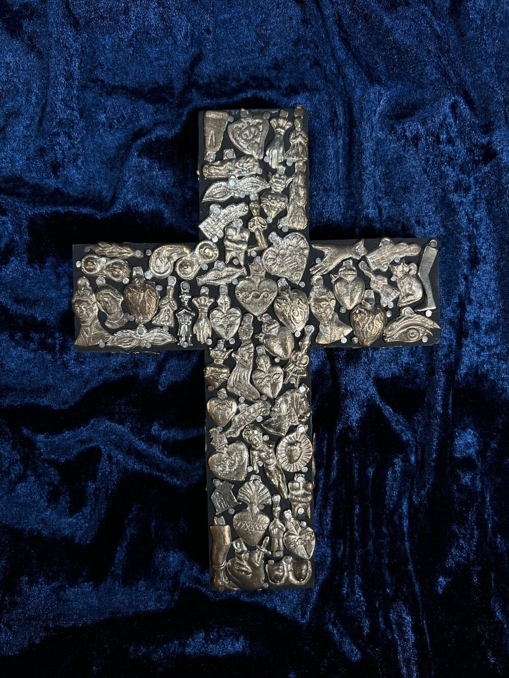 Vintage Wall Hanging Crucifix Cross Milagro Silver Sacred Heart Folk Art Collage
